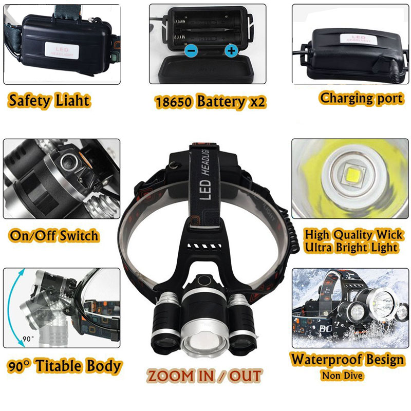 High Power Outdoor Zoom 1000 Lumen T6 LED 18650 Battery Waterproof Rechargeable Head Torch