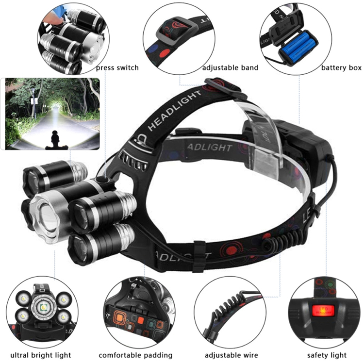 Led Headlight XML 5 LED T6 Head Lamp Flashlight Torch head light with 18650 battery Best For Camping, fishing