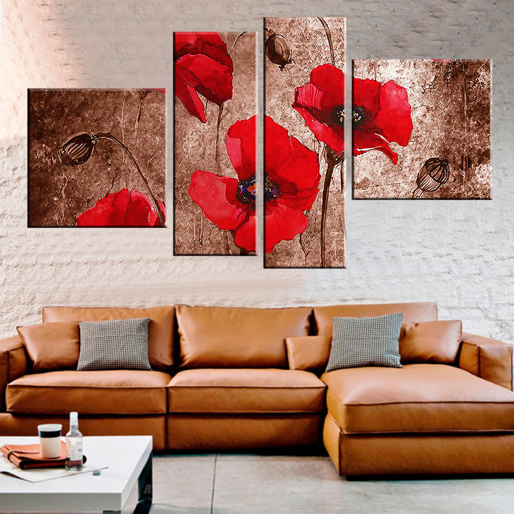 4pcs home decoration Poppy flower oil Canvas painting