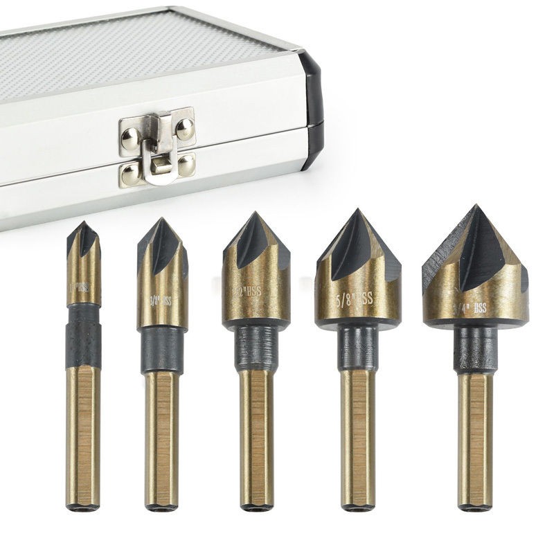 5 Pcs/Set Industrial Countersink Drill Bit Set Tri-Flat Shank Quick Change 1/4-3/4 Kit Tool With Box Hand Power Tool