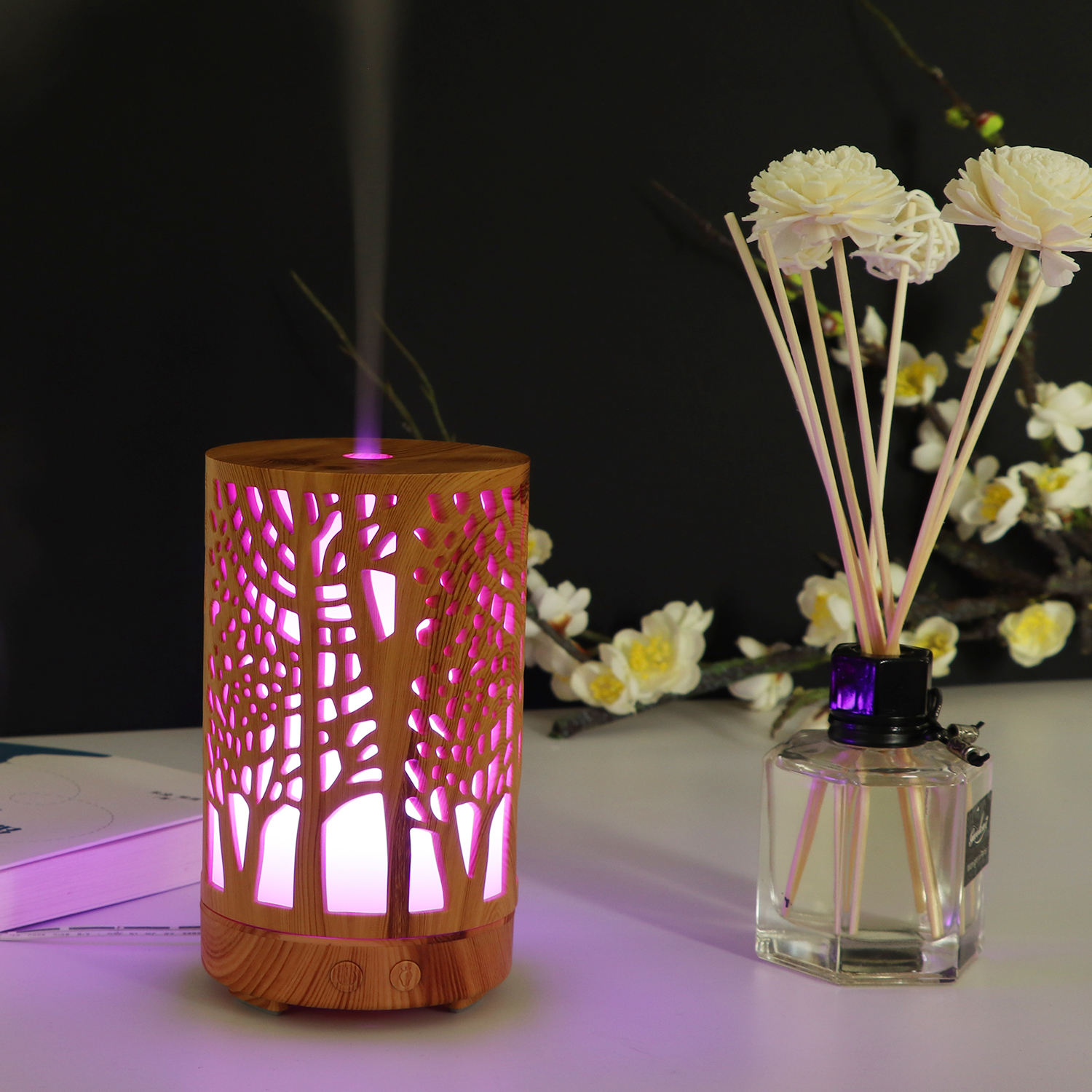 New Idea Hollow-carved Tree Design Home Ultrasonic Home Mist Diffuser, Moon Night Lamp Cool Mist Humidifier