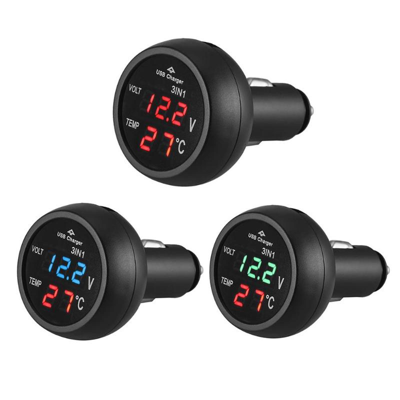 3 in 12/24V Car Auto Monitor Display USB Car Charger For Phone Tablet GPS LED Digital Voltmeter Gauge Thermometer