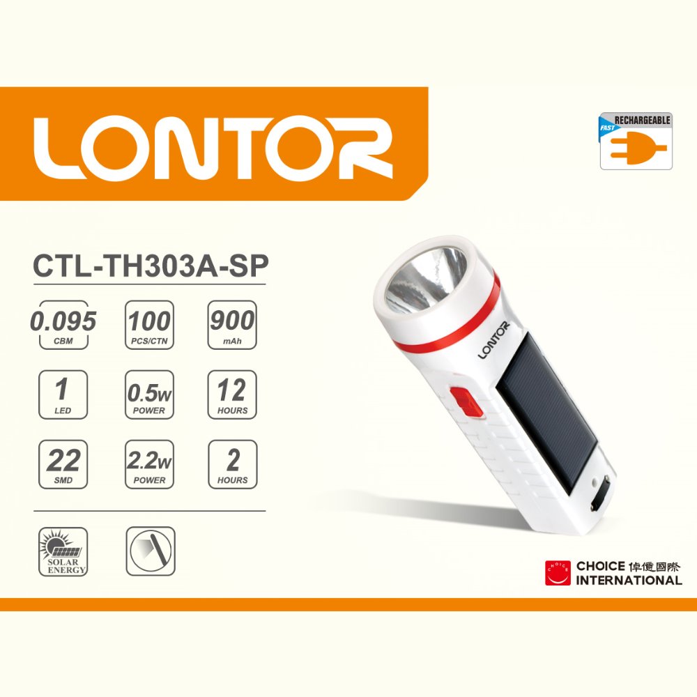 2019 LONTOR hot-selling solar panel rechargeable torch flashlight         CTL-TH303A-SP