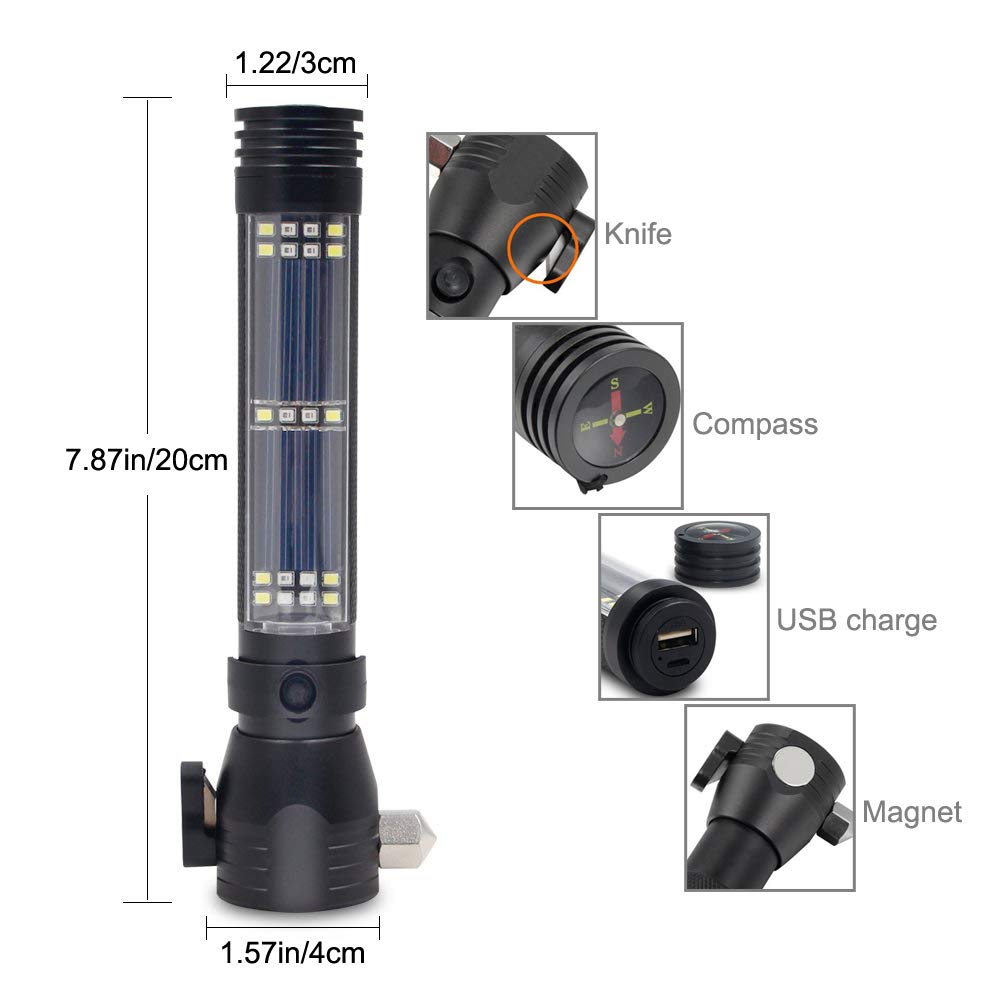 Solar USB Rechargeable T6 Led Magnetic Military Compass Emergency Safty Hammer Led Flashlight With Multi Tool