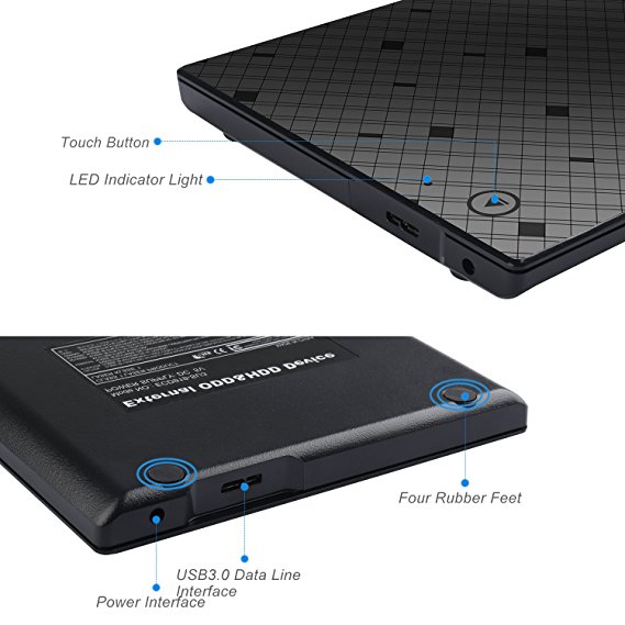 USB 3.0 External DVD Drive Touch Control Ultra Slim Portable CD DVD DVD-RW Burner Writer Player for Mac, for Linux, for Windows