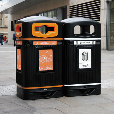 High quality outdoor novelty trash cans 2 compartment waste bins stainless steel rolling cover recycle bin