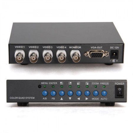 VGA 4CH Color CCTV Security Camera Video Quad Processor Splitter Remote Control