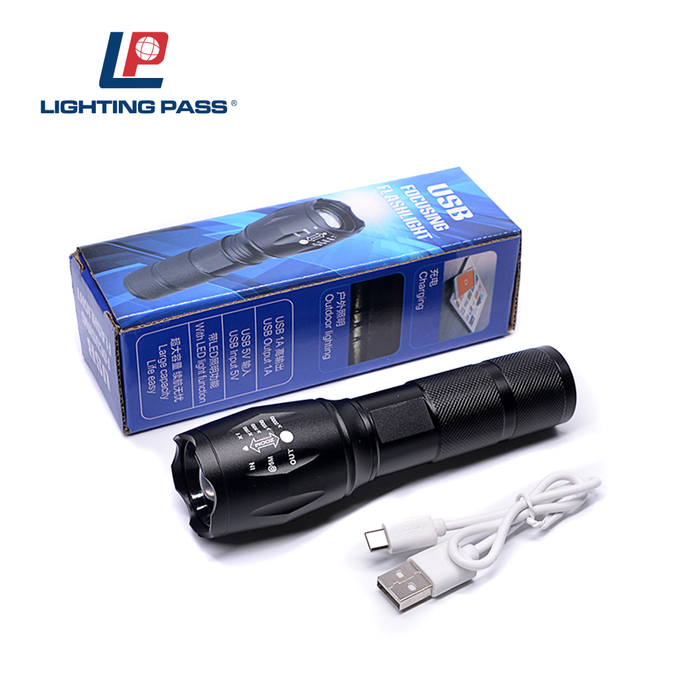 Tactical LED Flashlight Rechargeable bright Light torch with USB port out for cellphone charging as a power bank