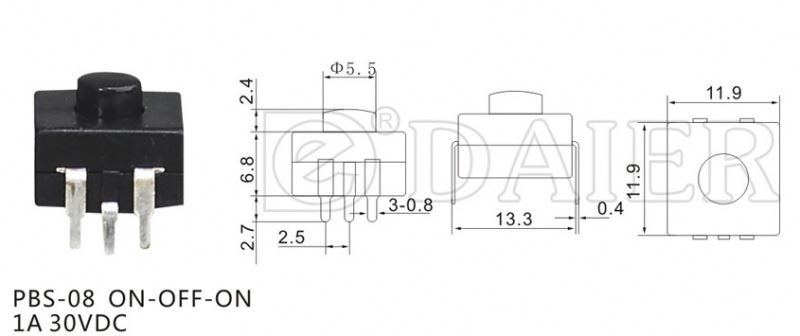 PBS-08 ON-OFF-ON Flashlight Push Button Switch