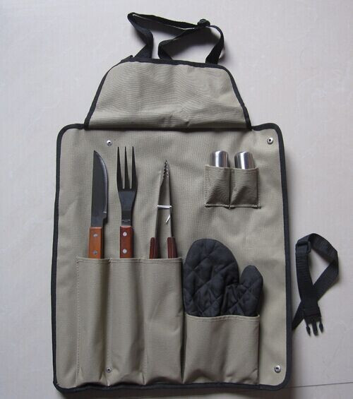 6pcs apron bbq set with wooden tool handle