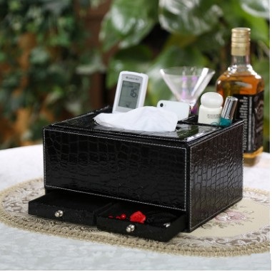 Black Doubled Drawer Leather Multifunctional Tissue Box