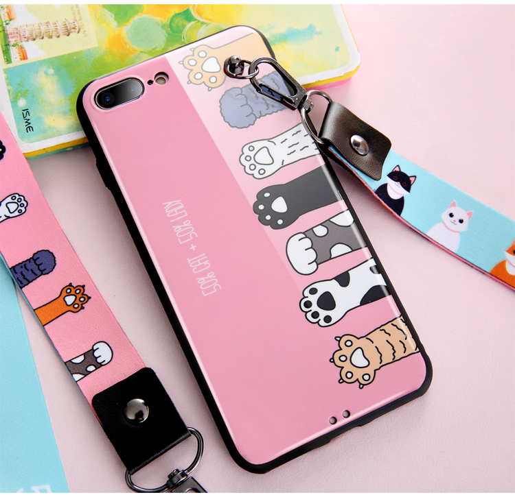 For iPhone X 8 Plus IMD Silicone Phone Cases with Cat Pad Claws Lanyard