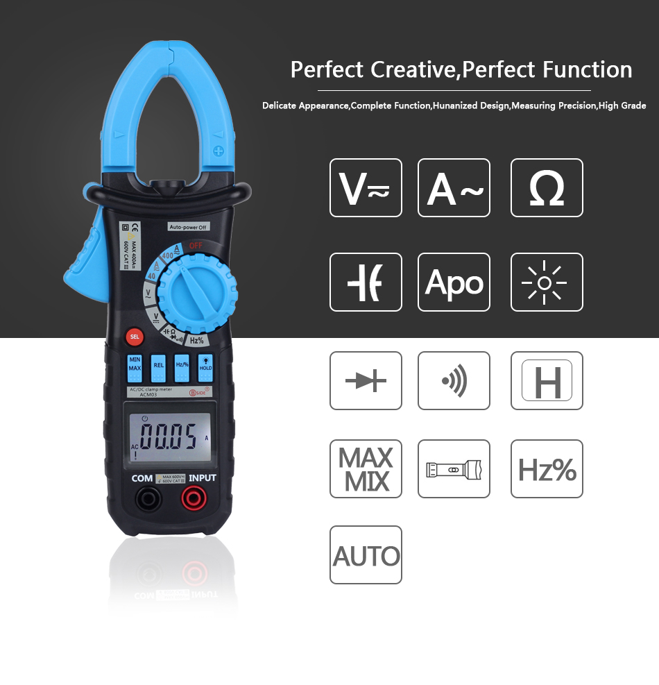 BSIDE ACM03 Auto Range Digital Clamp Meter 400A AC DC Current 600V Resistance Capacitance Frequency Hz Tester with Backlight