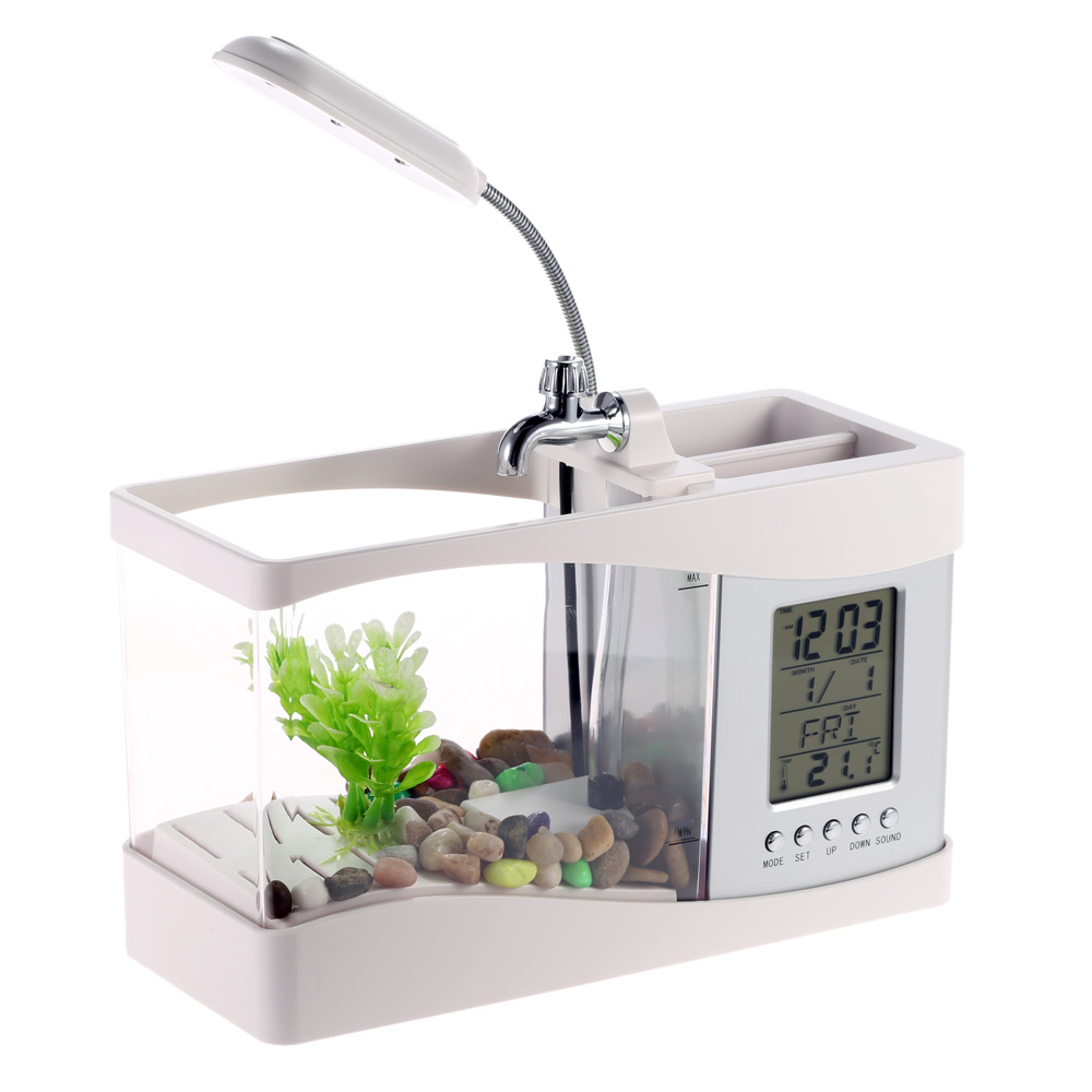 Black/ White USB Desktop Mini Fish Tank Aquarium with LED Lamp Light LCD Screen and Clock Calendar