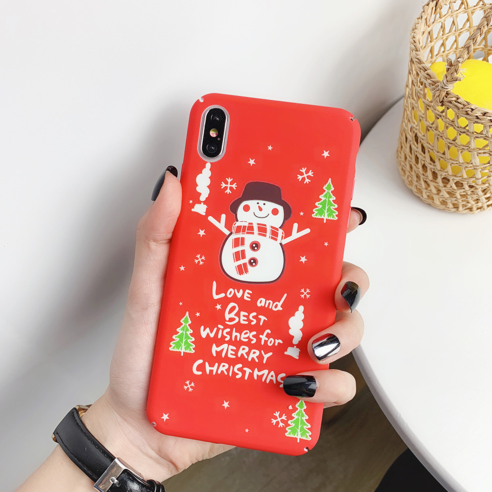 Deer Snow Man Merry Christmas Plastic Phone Case Hard Cover for iPhone Xs Max 8 Plus, for iPhone 11 Cover Red