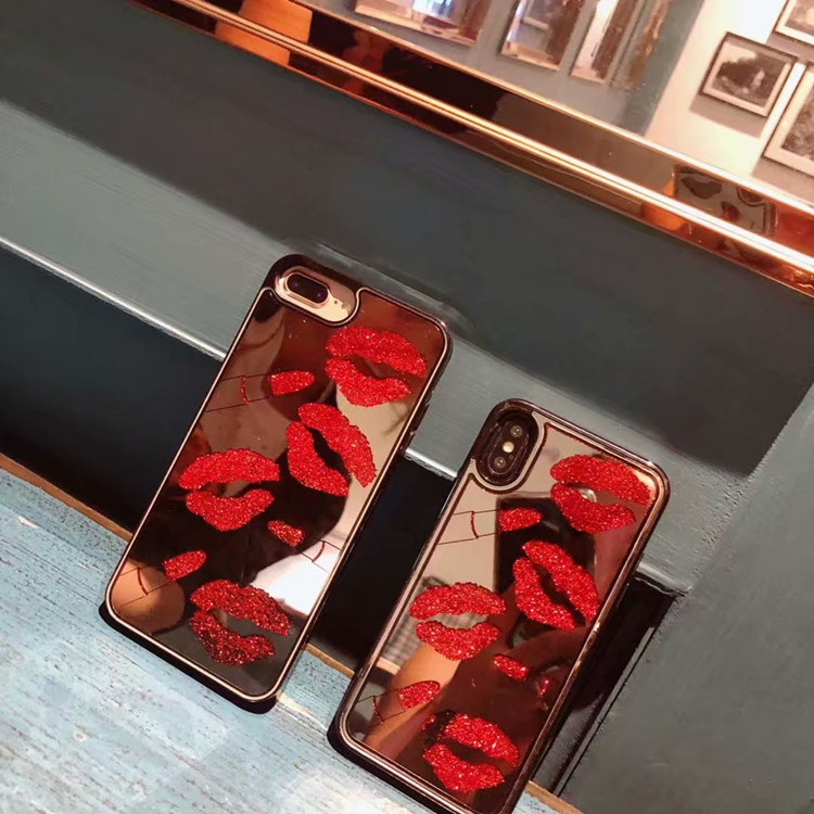 Pretty Lipstick Mirror Liquid Phone Case For iPhone X , for iPhone X Glitter Quicksand Cell Phone Case Cover Red Lips