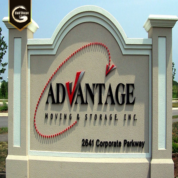 Monument pylon freestanding signage in plaza information display directional and wayfining sign fade stone base