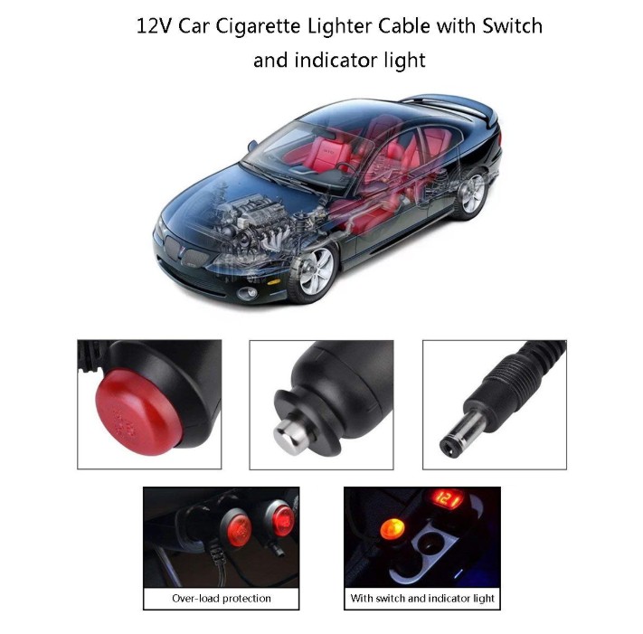 DC 5.5x2.1mm Switch Button Car 12V Cigarette Lighter Power Cable for Monitor
