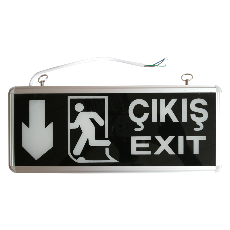 rechargeable battery powered emergency exit lights, hanging aluminum side LED emergency plastic sign board