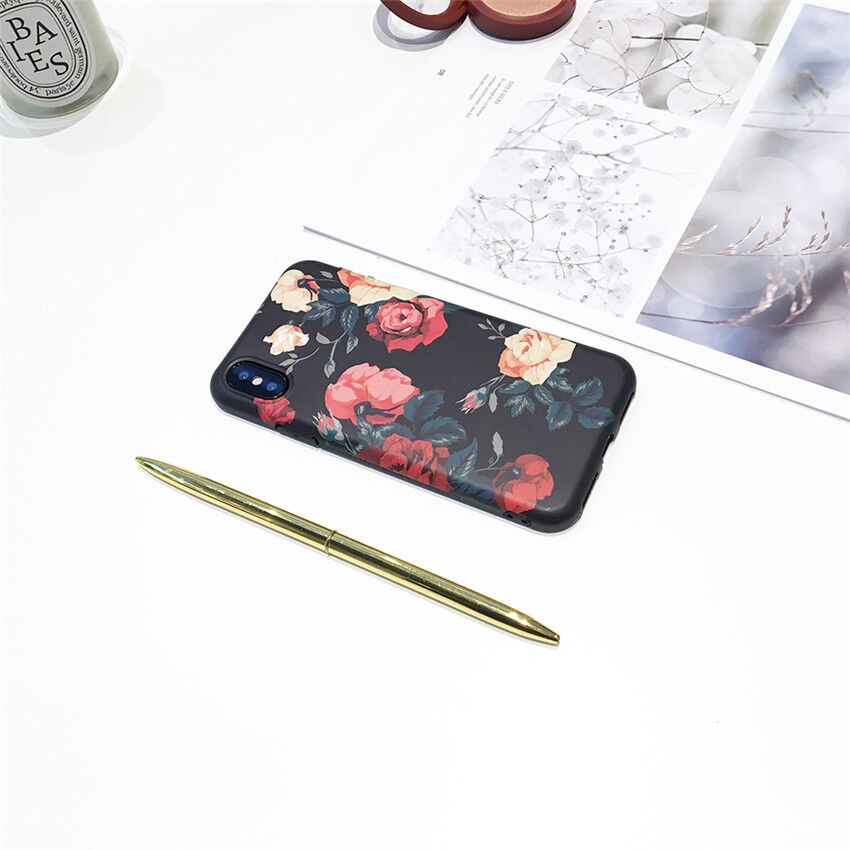 Black IMD Rose Retro Flower Matte TPU Cell Phone Case Cover for iPhone Xs Max 8 plus, for iPhone X Cases Floral