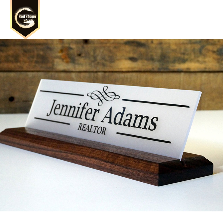 GS Factory office desk Tabletop Sign acrylic panel with wood base changeable Tabletop Stands