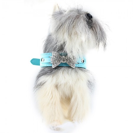 Dog Pet PU Rhinestone Bow Collar S/S/M