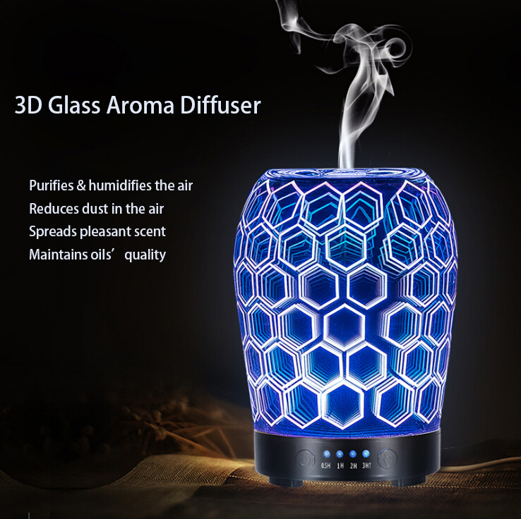 Hidly Charming 3D Glass 100ml Ultrasonic Cool Mist Aroma Diffuser with Color Changing LED Lights Popular in India, USA