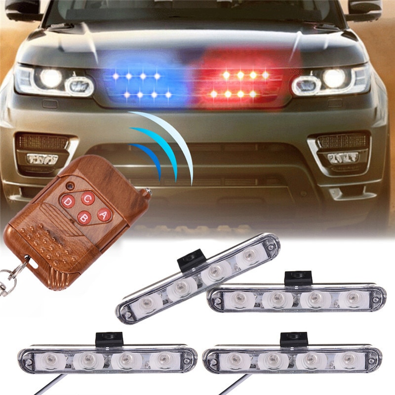 16W 4 x 4 LED Emergency Vehicle Signal Warning Lamp Grille Lights for 12V Cars Automobiles