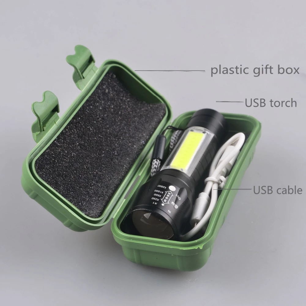 Black Emergency Camping Light 3W Led Flashlight With COB Rechargeable Waterproof Zoom