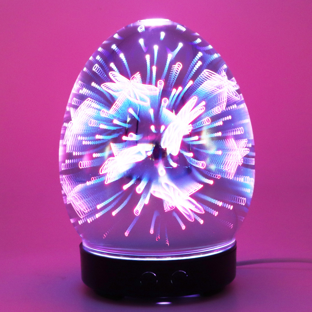100ml 3D Glass Egg-shaped Essential Oil Diffuser with Dragonfly Pattern Effect with 7 Color Changing Light and Timer