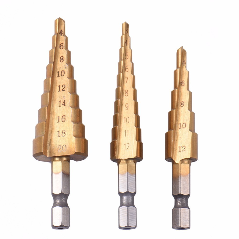 3Pcs Hss Steel Titanium Step Drill Bits 3-12/4-12/4-20mm Step Cone Cutting Tools Steel Woodworking Wood Metal Drilling Set