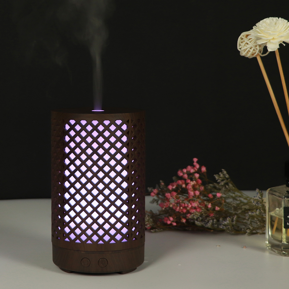 Desktop Essential Oil Diffuser, Cylinder Shape 100ml Wood Grain 7 Color Changing Aromatherapy Machine