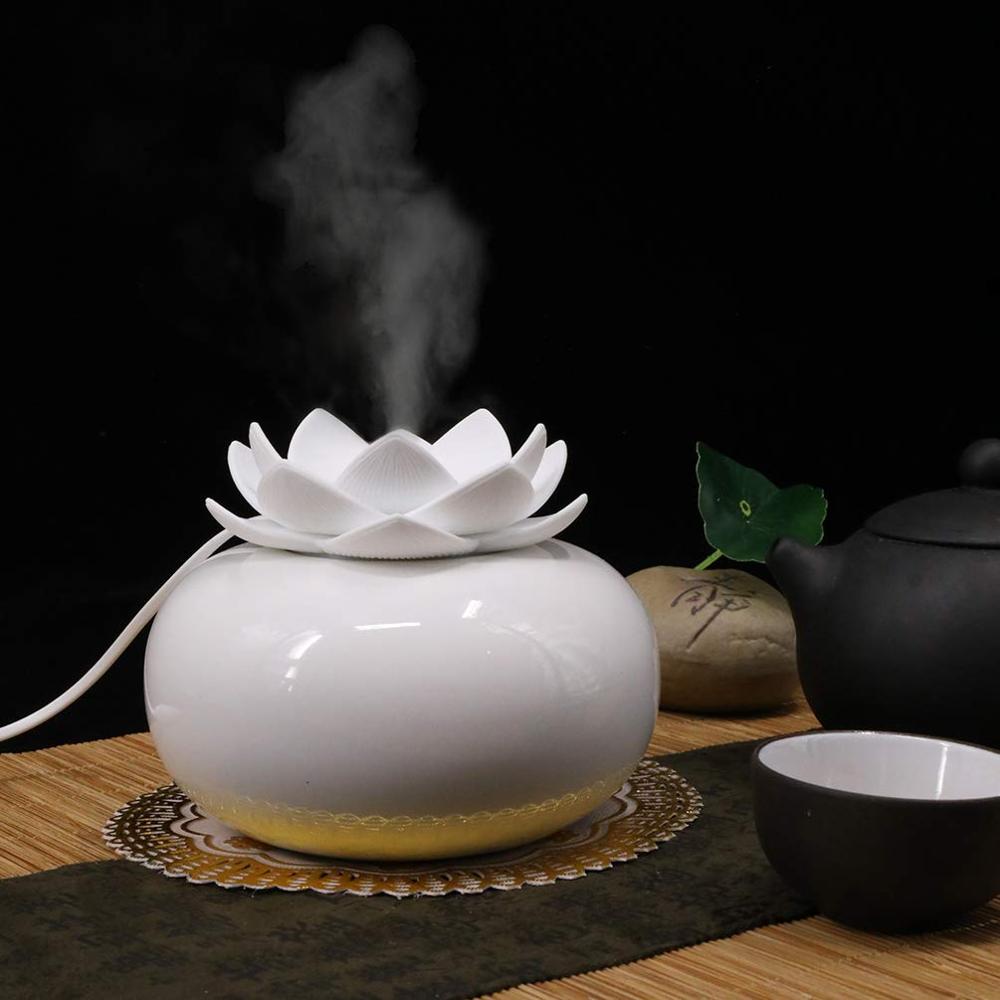 Cute Lotus Ceramic Humidifier Crafts Ornaments, USB 12 Hours Misting Portable for Home Bedroom Office Yoga SPA