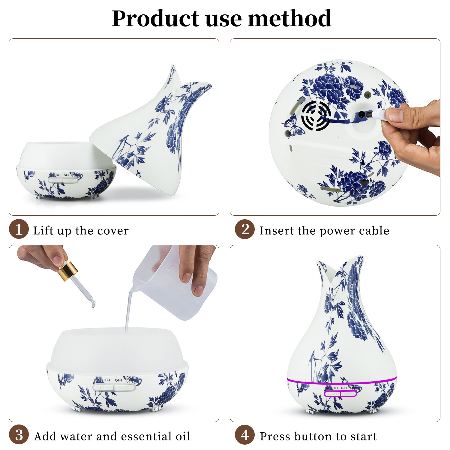 Aromatherapy Essential Oil Blue and White Porcelain  Diffuser, Home Cool Mist Humidifier with Soothing Night