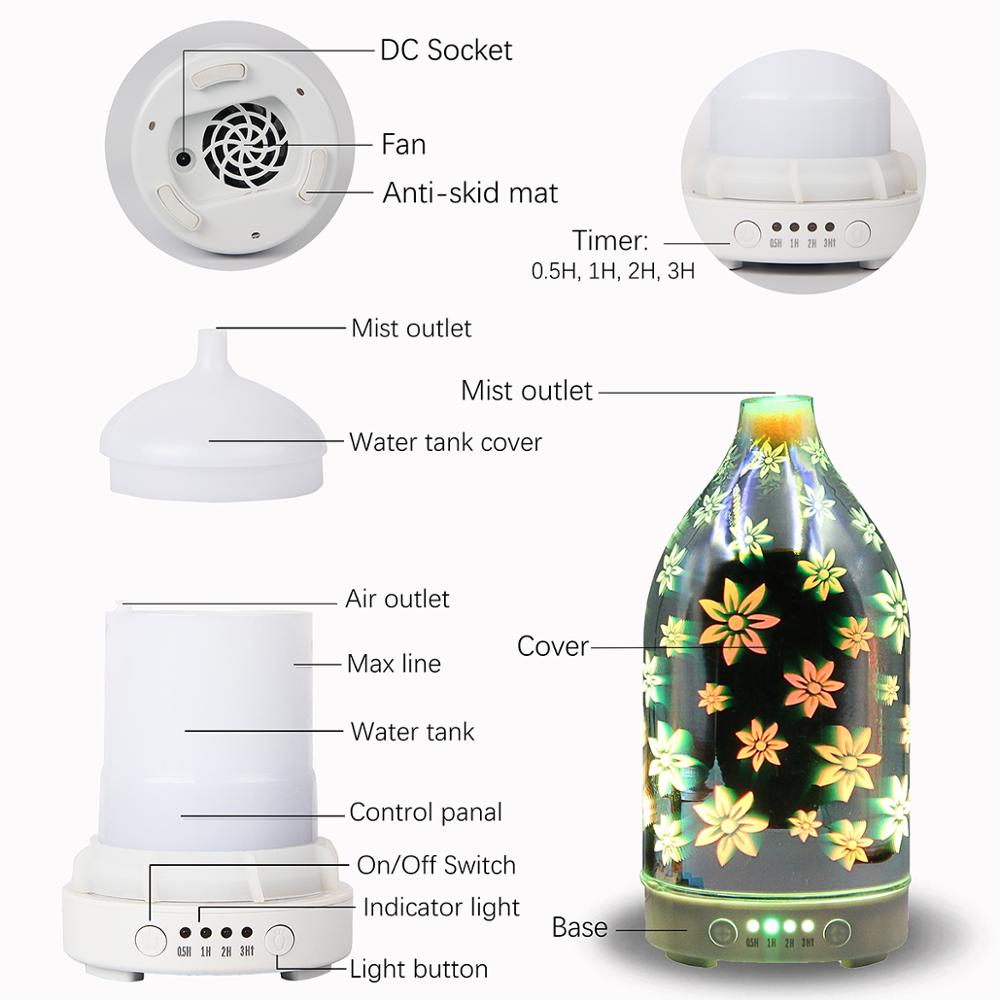 CE ROSH Certificate 3D Flower Glass Aroma Essential Oil Diffuser