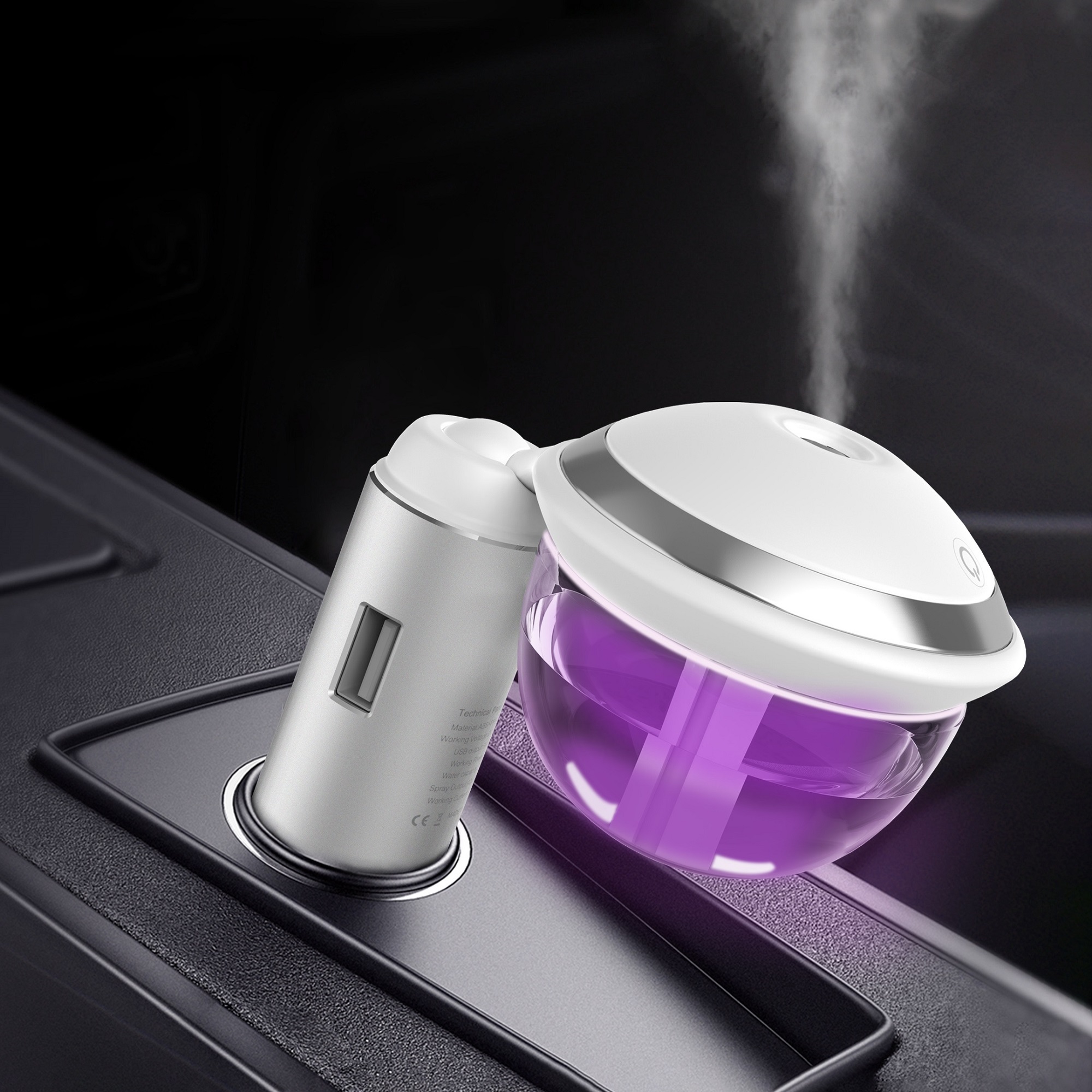 2019 Korean Hot Mobile PC Car Charger Cool Mist Humidifier with 7 Color Led Change & Rotation