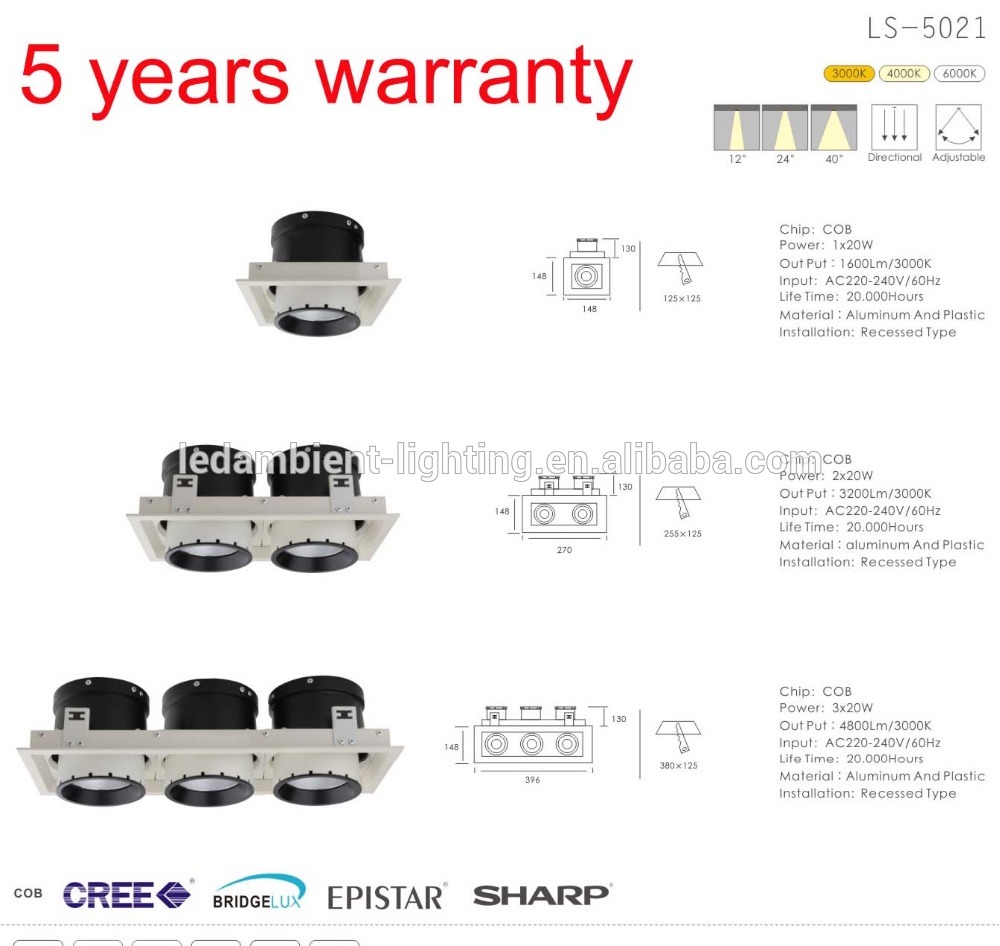 Dimmable LED COB Downlight Square 2x26W 1/2/3 Moving Head Adjusted,Use Lifud Driver