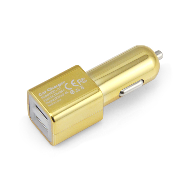 Portable 12/24V Dual USB Car Charger in Gold Color