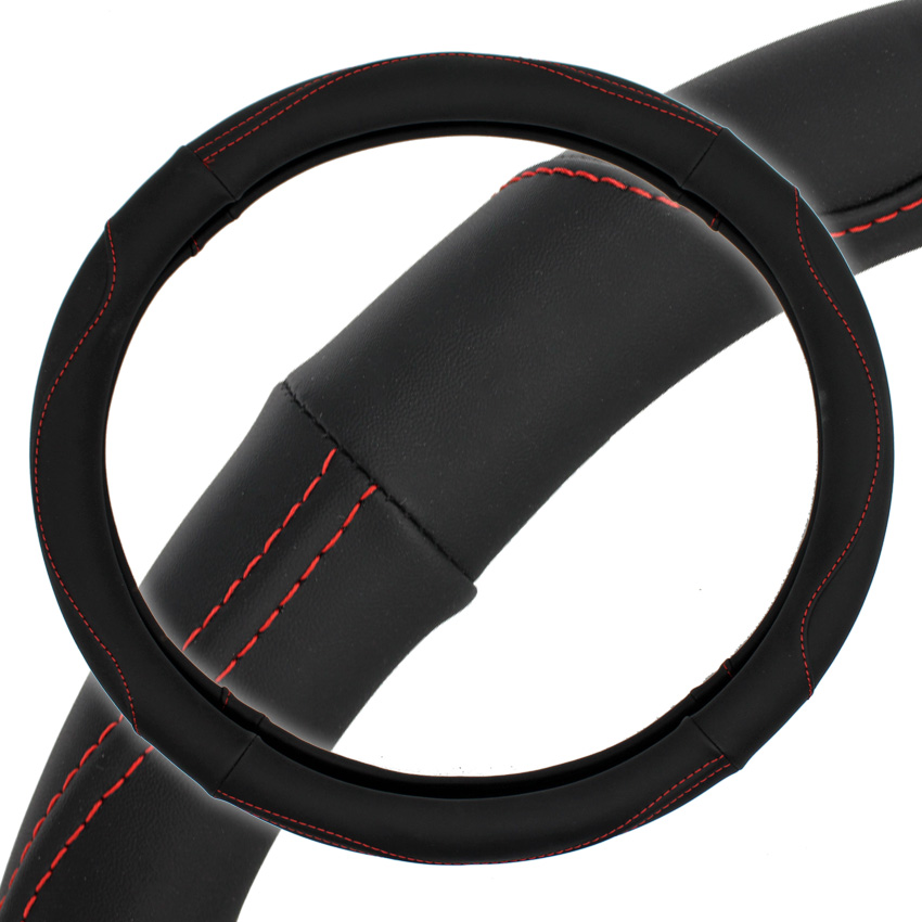 PU Black Car Steering Wheel Cover with red stitch