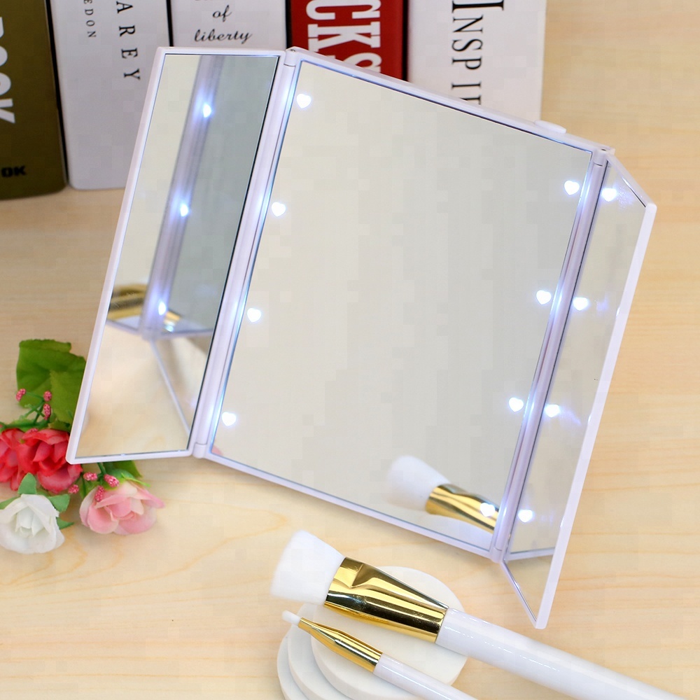 Three -fold Lighted Travel Makeup Mirror with 8 LEDs Touch Control Dimmable and Foldable Cosmetic Mirror