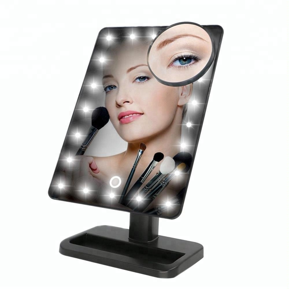 Adjustable brightness rotatable LED makeup mirror with a magnifying mirror