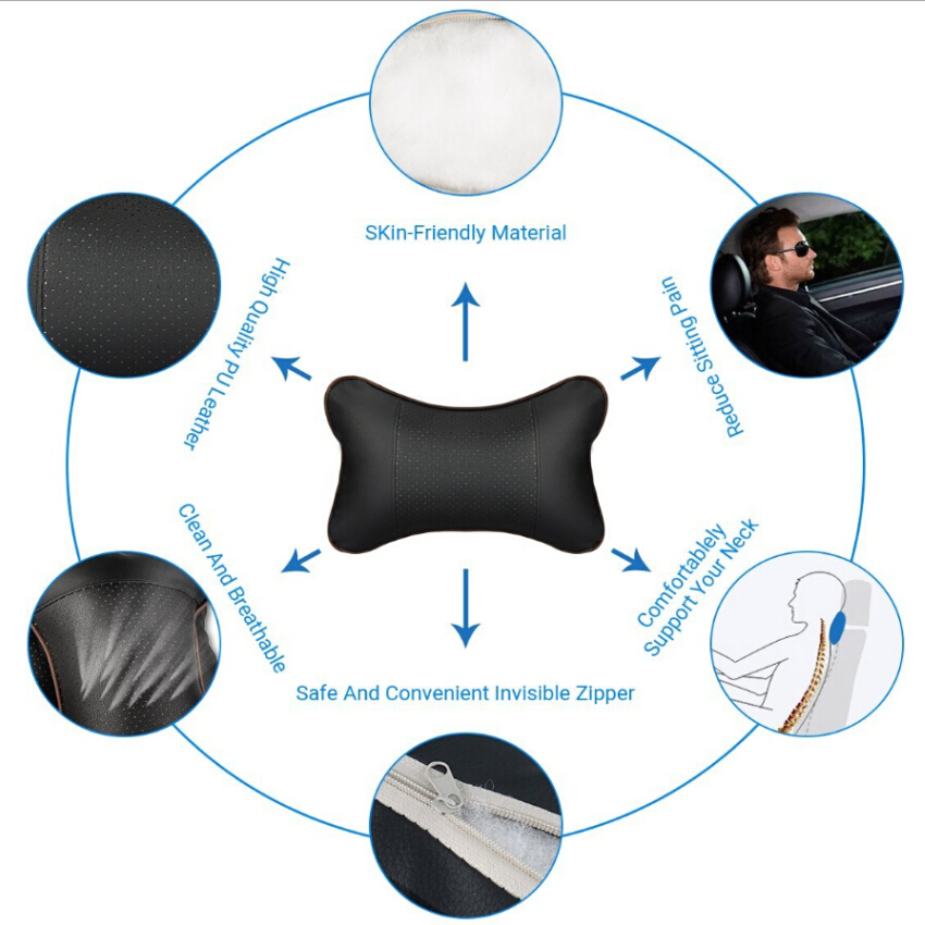 Universal Car Headrest Pillow & Waist Cushion Set in Leather