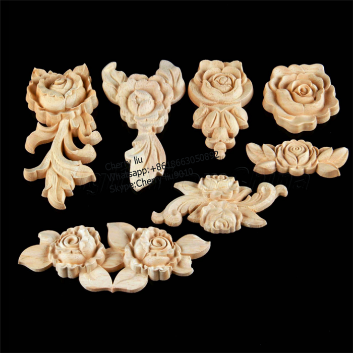 Floral Vintage Rose Wood Carved Decal Wooden Applique Carved Corner Wall Furniture Decoration Crafts