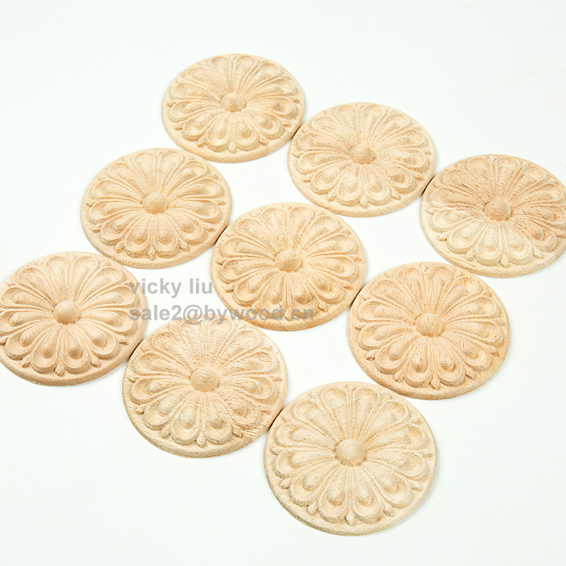 Roundness wood appliques furniture decoration carving wooden flower