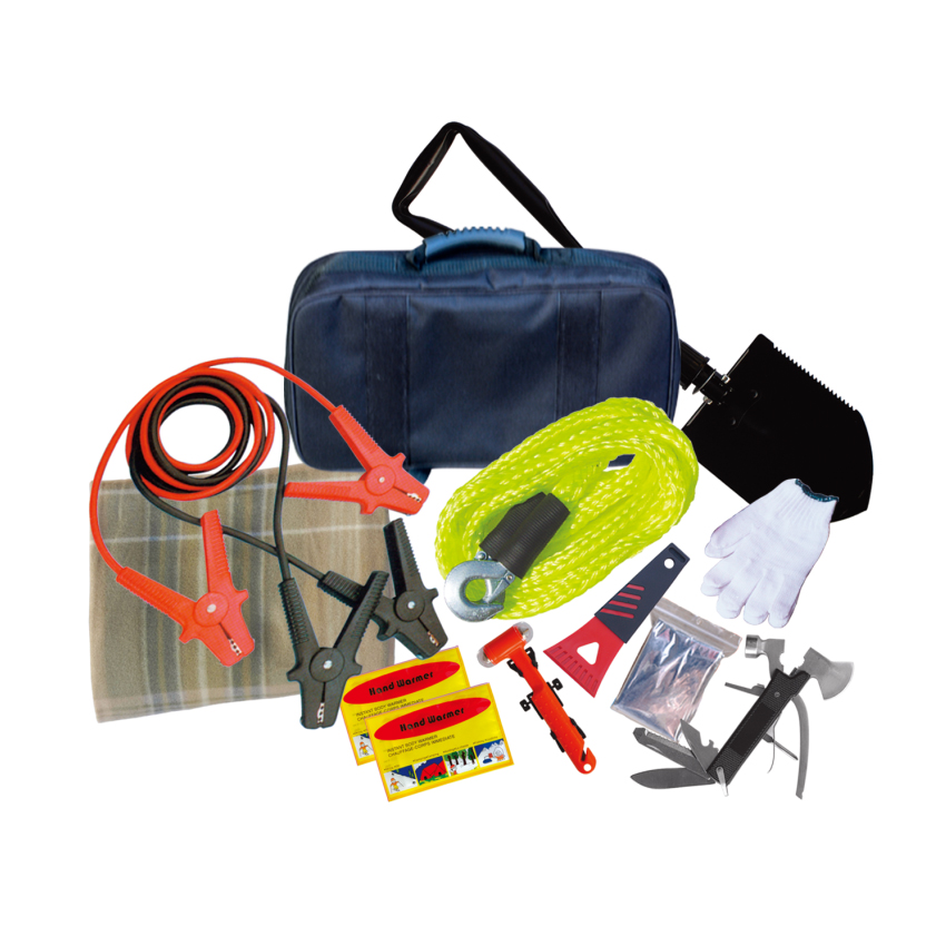 Roadside Assistance Car Emergency Kit + First Aid Kit Rugged Tool Bag Contains Jumper Cables, tools,