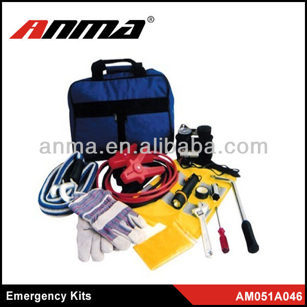 roadside emergency car tools kit bag for car with help flag flashlight booster cable air compressor tow rope rain coat