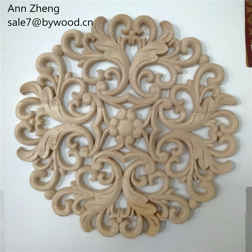 Round Heat Embossed large flower appliques solid wood carved round decorative center applique and onlay