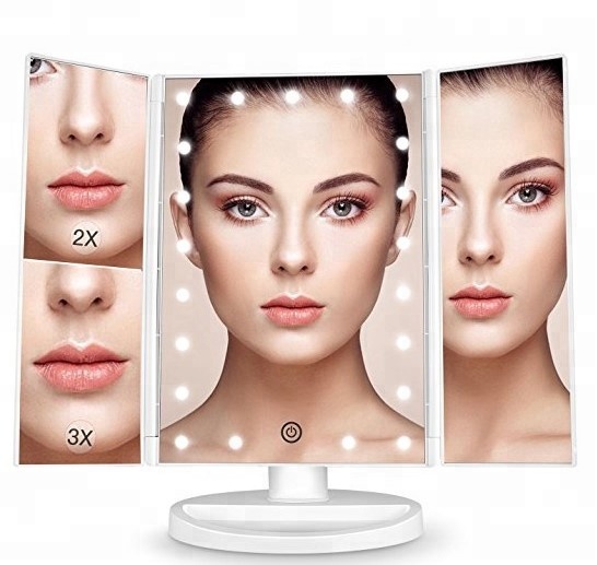 New design Table three-side mirror and 2X3X magnifying foldable vanity LED makeup mirror