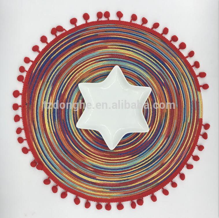 Tabletex new muti-colour round woven drawing pom pom placemat