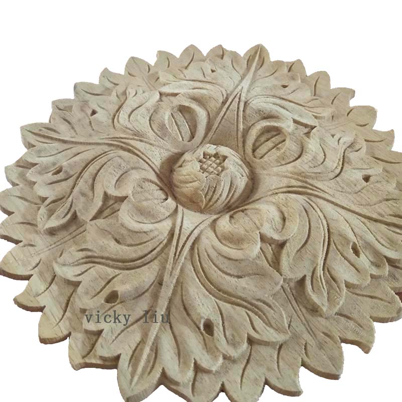 Embossed Flower Design Wood round flower Applique  Solid Wood Material wood appliques